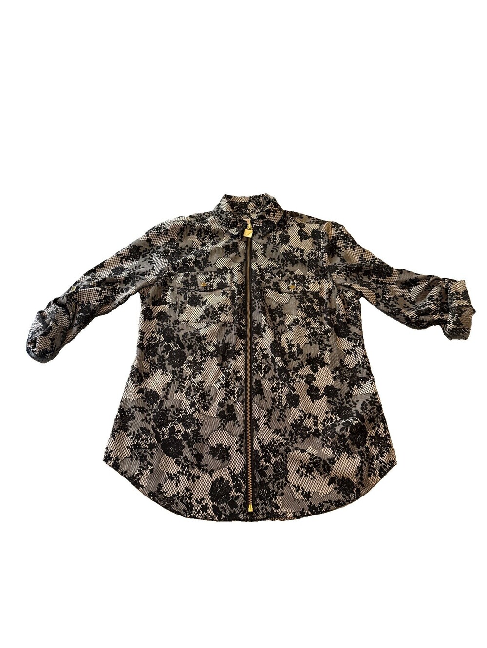 Michael Kors Black Floral Long Sleeve Zipper Shirt w/ Gold Hardware Size XS EUC